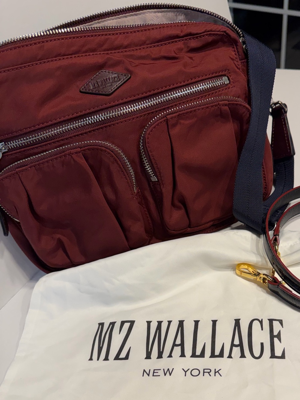 MZ Wallace maroon crossbody EUC w/navy strap (2 styles).Lots of room. Nylon!